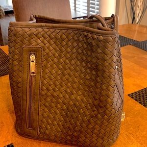 Brown weaved bucket bag
